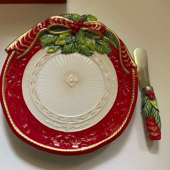 Fitz and Floyd “Crimson Holiday” plate and spreader. Red Green Christmas Pine - Picture 2 of 5